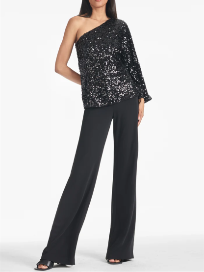 Evening Dress with One Shoulder in Black Sequin