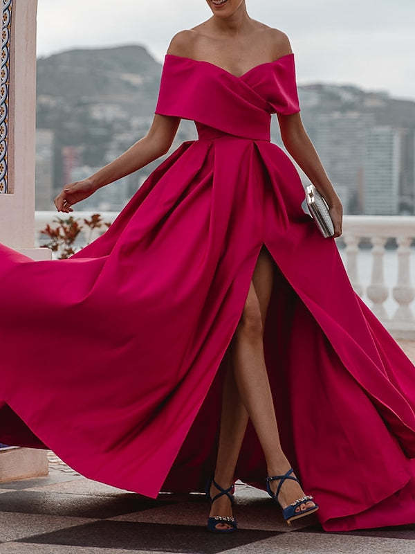 Off-the-shoulder A-Line Princess Evening Dress with Short Sleeves and Floor Length