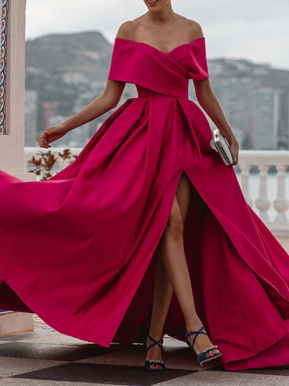 Off-the-shoulder A-Line Princess Evening Dress with Short Sleeves and Floor Length