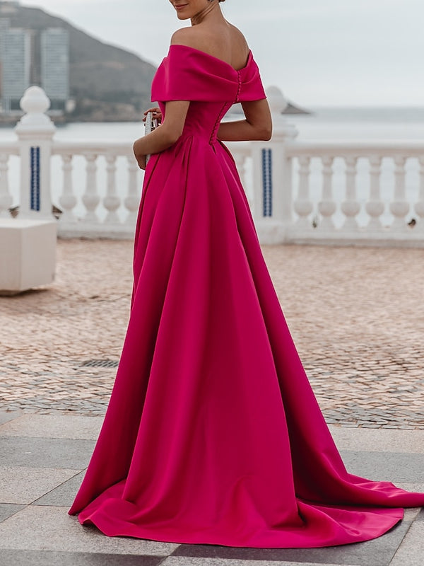 Off-the-shoulder A-Line Princess Evening Dress with Short Sleeves and Floor Length