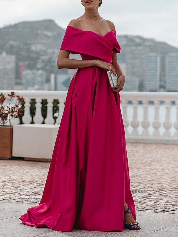 Off-the-shoulder A-Line Princess Evening Dress with Short Sleeves and Floor Length
