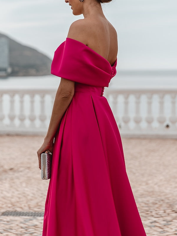 Off-the-shoulder A-Line Princess Evening Dress with Short Sleeves and Floor Length