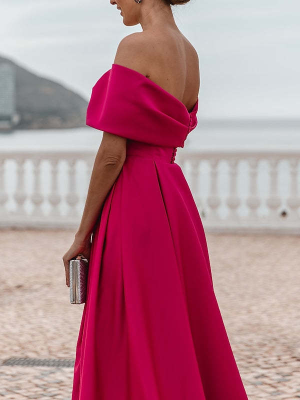Off-the-shoulder A-Line Princess Evening Dress with Short Sleeves and Floor Length
