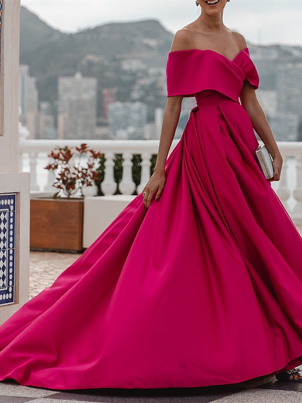 Off-the-shoulder A-Line Princess Evening Dress with Short Sleeves and Floor Length
