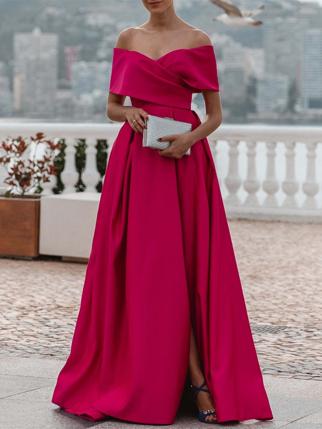 Off-the-shoulder A-Line Princess Evening Dress with Short Sleeves and Floor Length