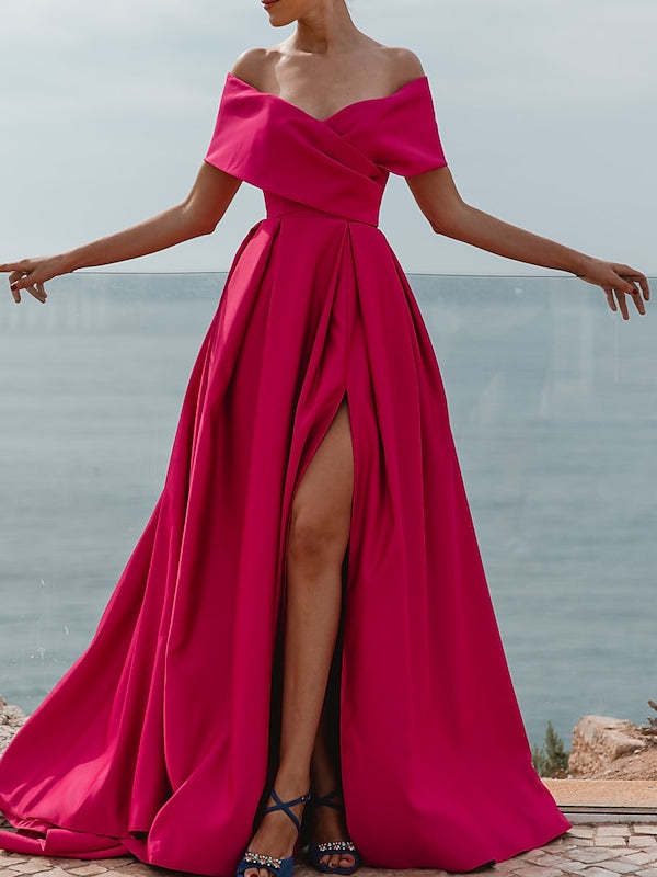 Off-the-shoulder A-Line Princess Evening Dress with Short Sleeves and Floor Length