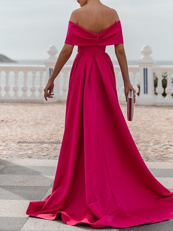 Off-the-shoulder A-Line Princess Evening Dress with Short Sleeves and Floor Length