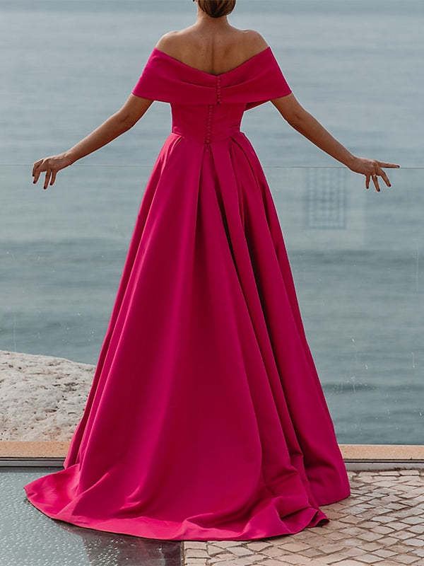 Off-the-shoulder A-Line Princess Evening Dress with Short Sleeves and Floor Length
