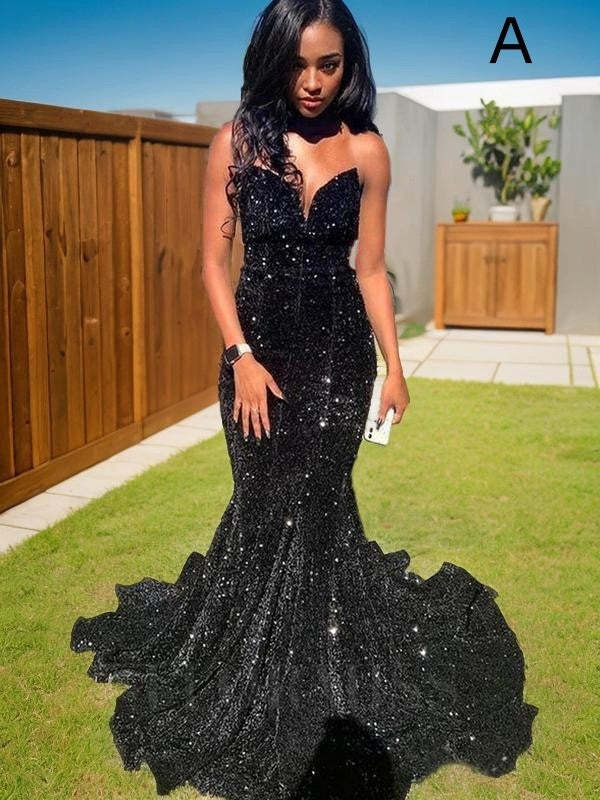 Evening Dress with Sweep Train Strapless and Sleeveless in Mermaid/Trumpet Style