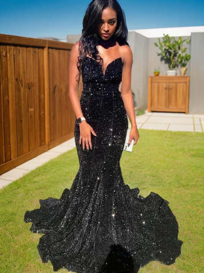 Evening Dress with Sweep Train Strapless and Sleeveless in Mermaid/Trumpet Style