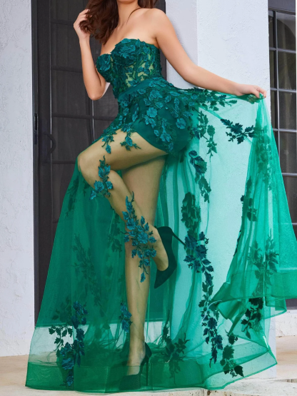 Strapless Princess A-Line Floor-Length Evening Dress with Floral Details