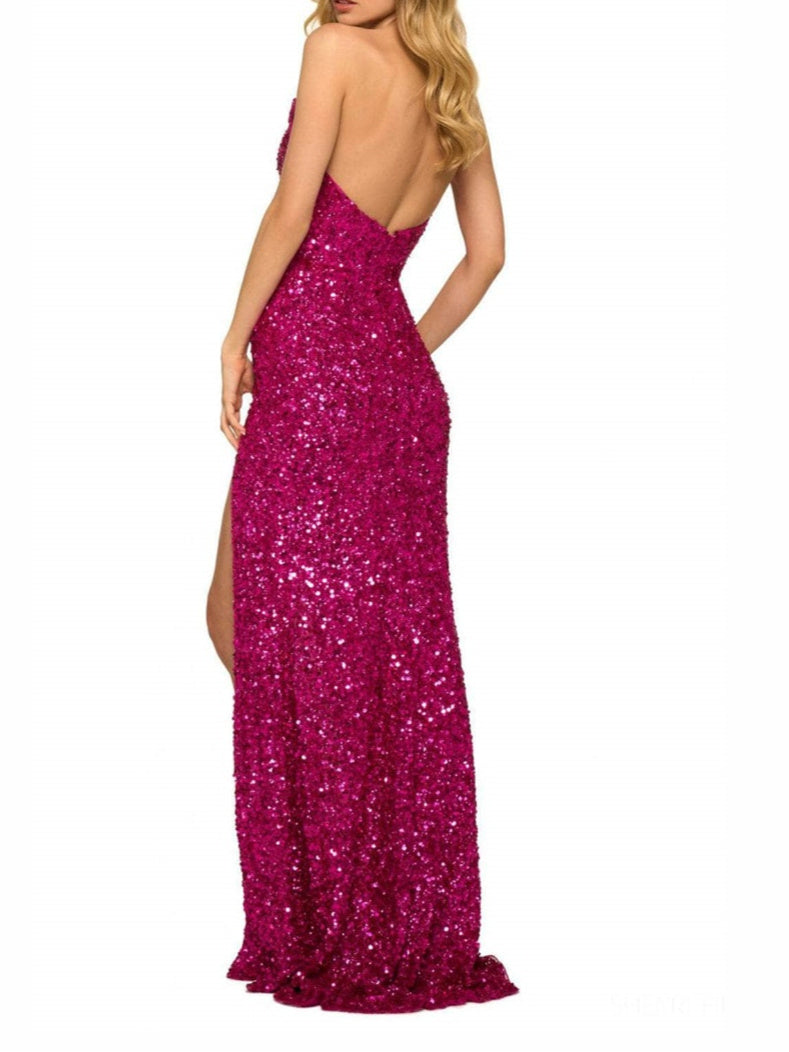 Floor-Length V-Neck A-Line Evening Dress with High Slit and Princess Cut