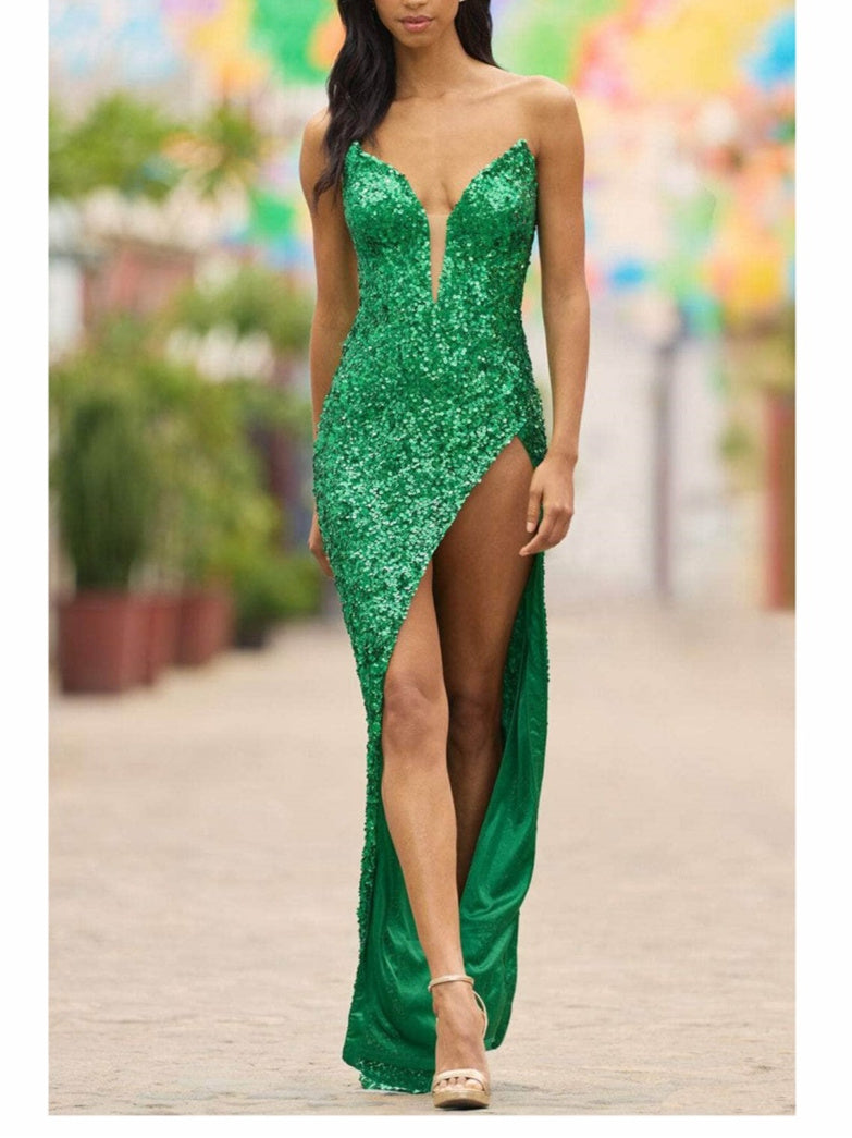 Floor-Length V-Neck A-Line Evening Dress with High Slit and Princess Cut