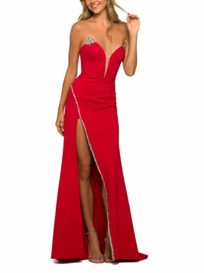 V-Neck Floor-Length A-Line Princess Evening Dress with High Slit