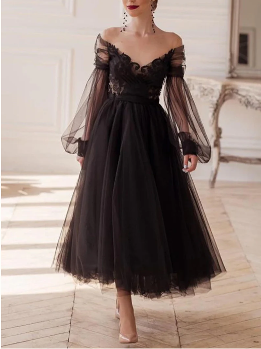 V-Neck A-Line Princess Evening Dress with Long Sleeves and Ankle-Length