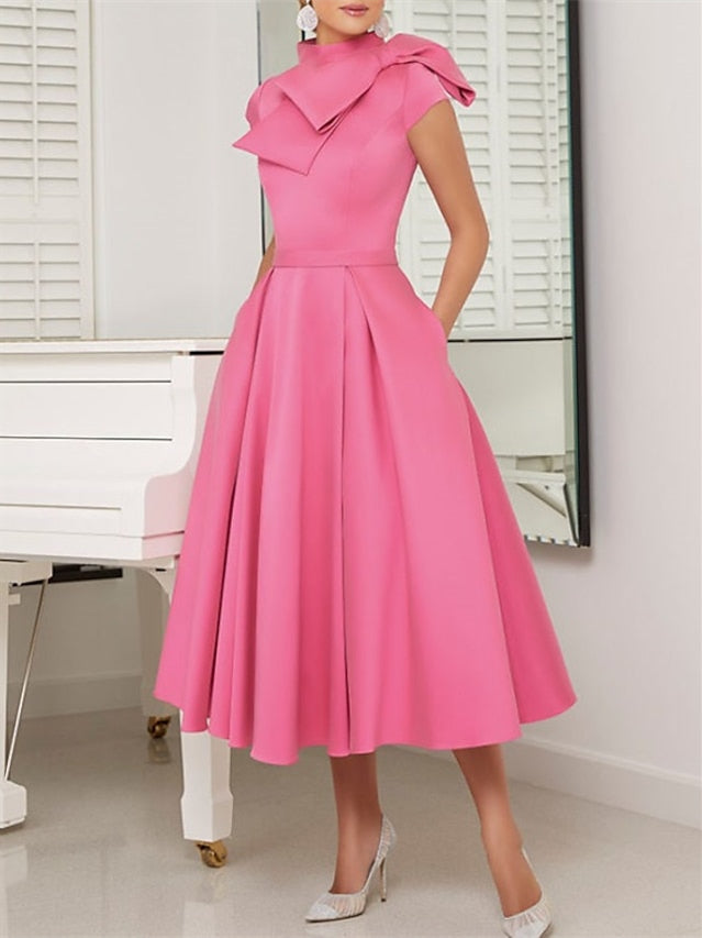 Short Sleeve High Neck A-Line Princess Tea-Length Cocktail Dress