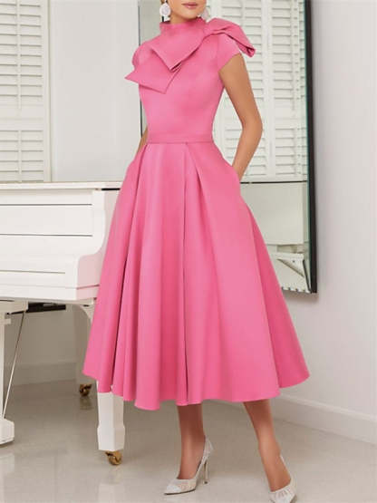Short Sleeve High Neck A-Line Princess Tea-Length Cocktail Dress