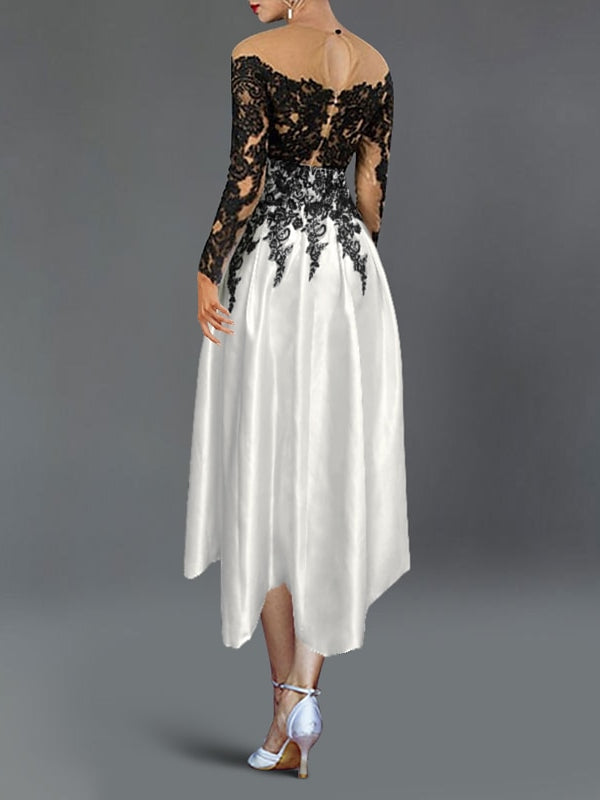 Tea-Length A-Line Cocktail Dresses with Princess Illusion Neck and Lace Sleeves