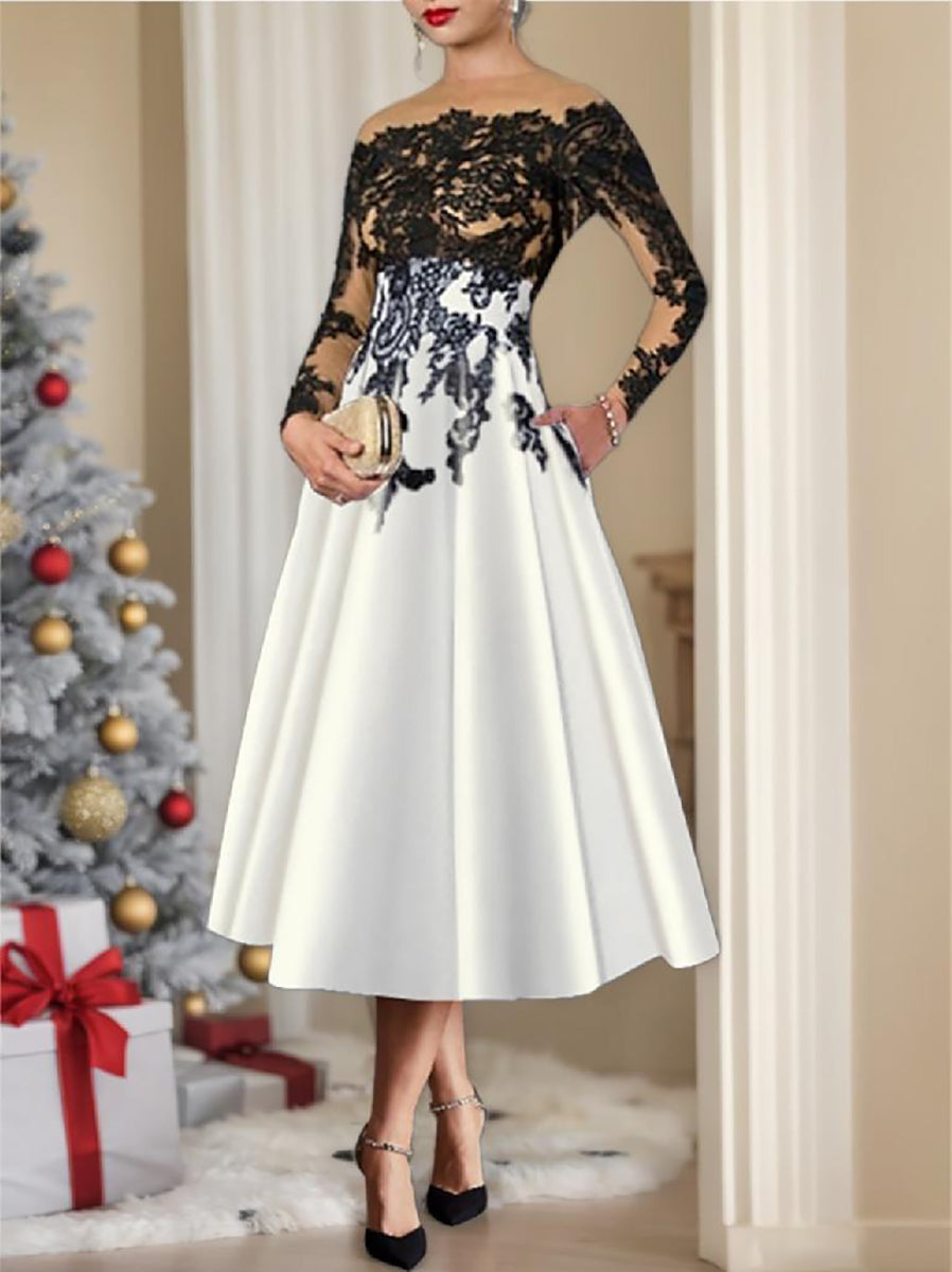 Tea-Length A-Line Cocktail Dresses with Princess Illusion Neck and Lace Sleeves