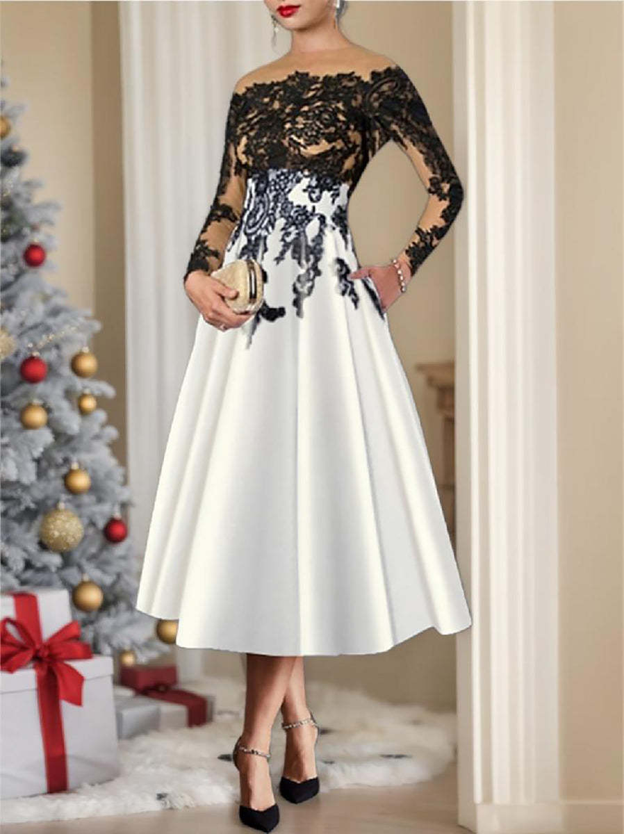 Tea-Length A-Line Cocktail Dresses with Princess Illusion Neck and Lace Sleeves
