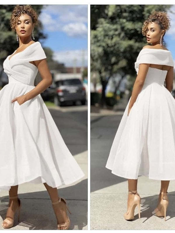 Off-the-Shoulder Tea-Length Cocktail Dresses in A-Line and Princess Styles