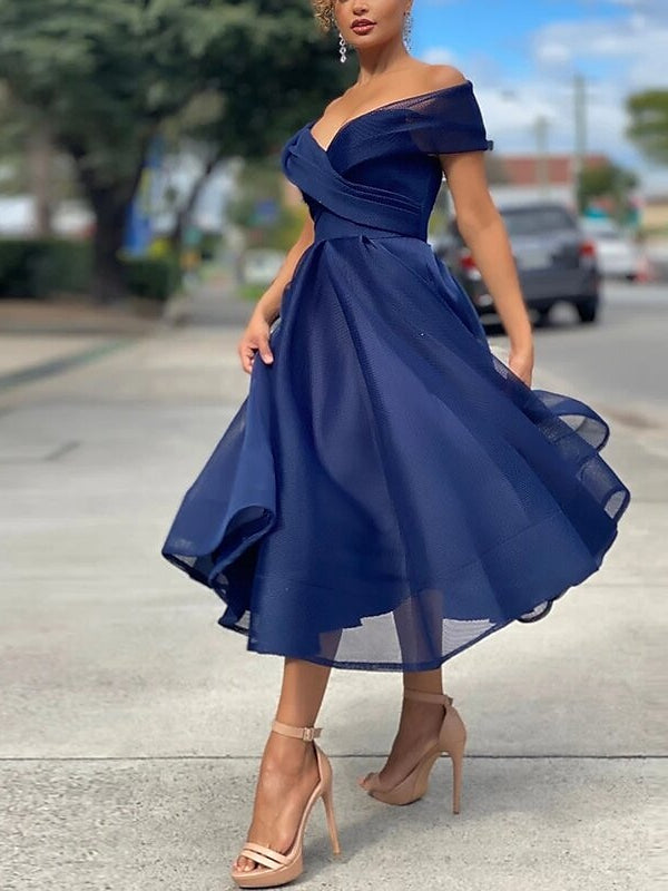 Off-the-Shoulder Tea-Length Cocktail Dresses in A-Line and Princess Styles