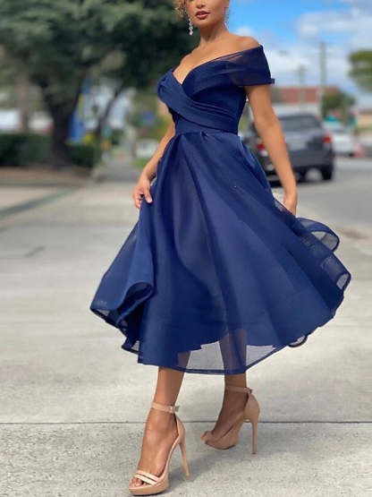 Off-the-Shoulder Tea-Length Cocktail Dresses in A-Line and Princess Styles