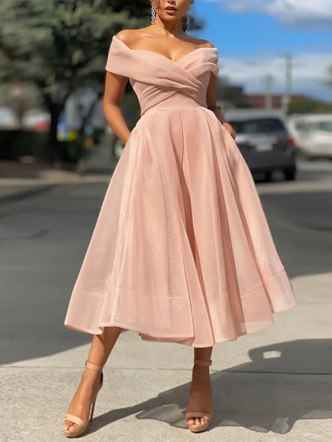 Off-the-Shoulder Tea-Length Cocktail Dresses in A-Line and Princess Styles