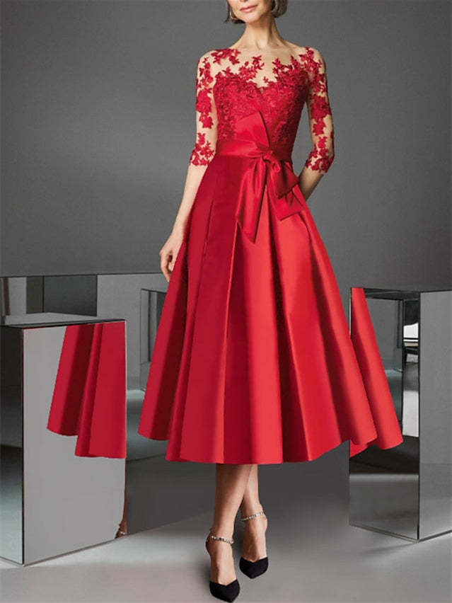 Tea-Length A-Line Cocktail Dress with Princess Illusion Neck and Bowknot