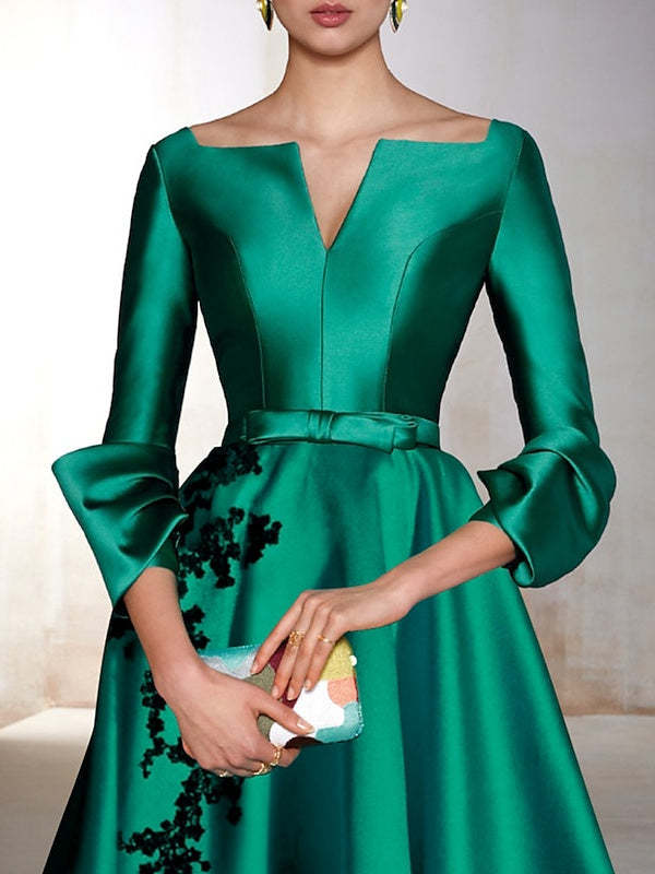 Tea-Length A-Line Cocktail Dress with 3/4 Sleeves and Princess Appliques