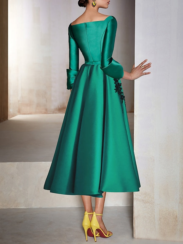 Tea-Length A-Line Cocktail Dress with 3/4 Sleeves and Princess Appliques