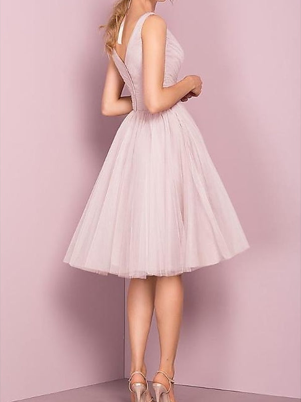V-Neck Sleeveless A-line princess tea-length dress with pleats