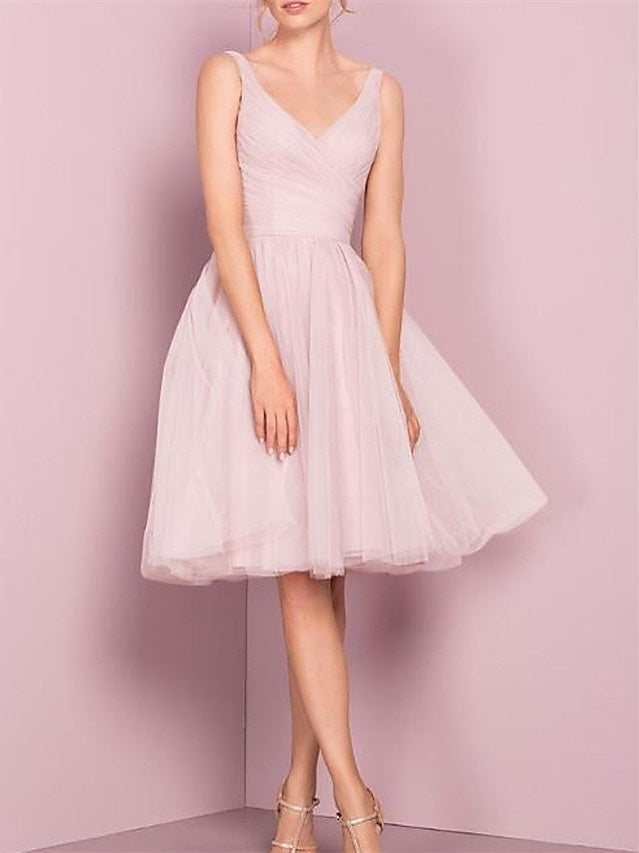 V-Neck Sleeveless A-line princess tea-length dress with pleats