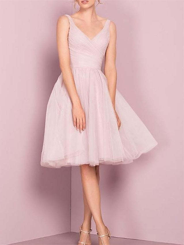 V-Neck Sleeveless A-line princess tea-length dress with pleats