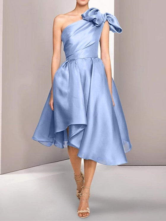 One-Shoulder Sleeveless A-Line Princess Tea-Length Cocktail Dresses with Slit