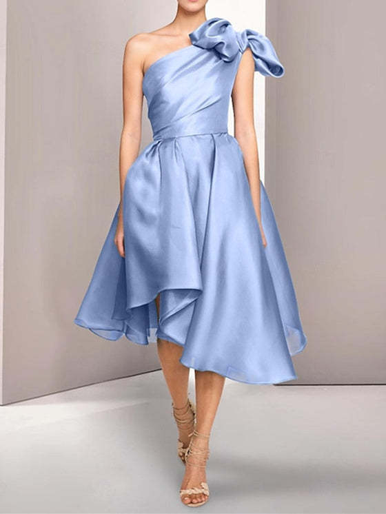 One-Shoulder Sleeveless A-Line Princess Tea-Length Cocktail Dresses with Slit