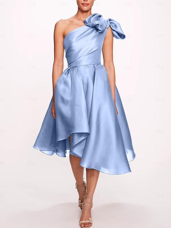 One-Shoulder Sleeveless A-Line Princess Tea-Length Cocktail Dresses with Slit