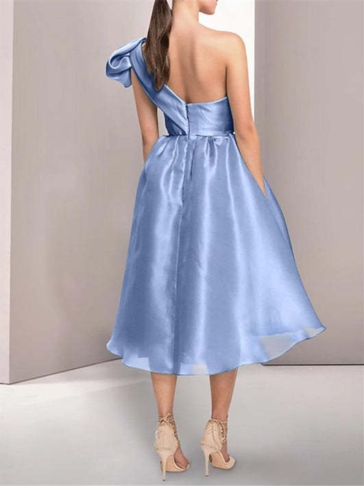 One-Shoulder Sleeveless A-Line Princess Tea-Length Cocktail Dresses with Slit