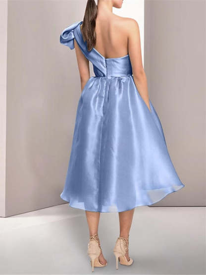 One-Shoulder Sleeveless A-Line Princess Tea-Length Cocktail Dresses with Slit