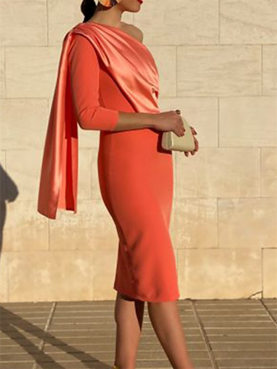 Knee-Length Sheath/Column Cocktail Dress with 3/4 Sleeves and Draping