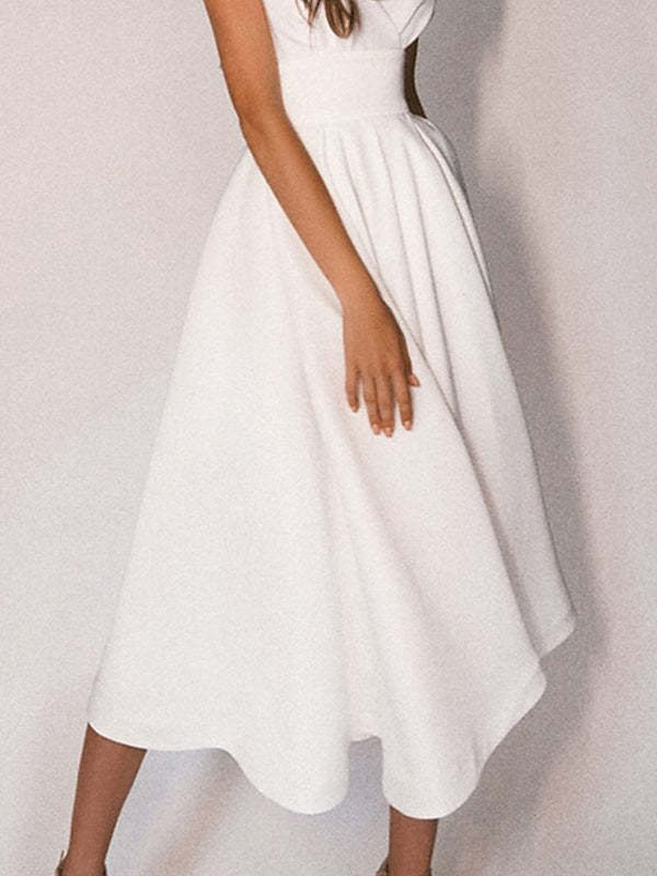 V-Neck Short Sleeve A-Line Princess Cocktail Dress in Tea-Length