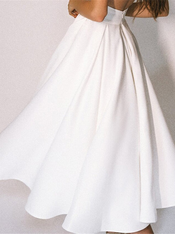 V-Neck Short Sleeve A-Line Princess Cocktail Dress in Tea-Length