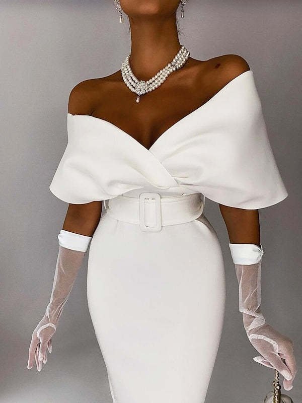 Off-the-Shoulder Cocktail Dresses in Sheath / Column Tea-Length