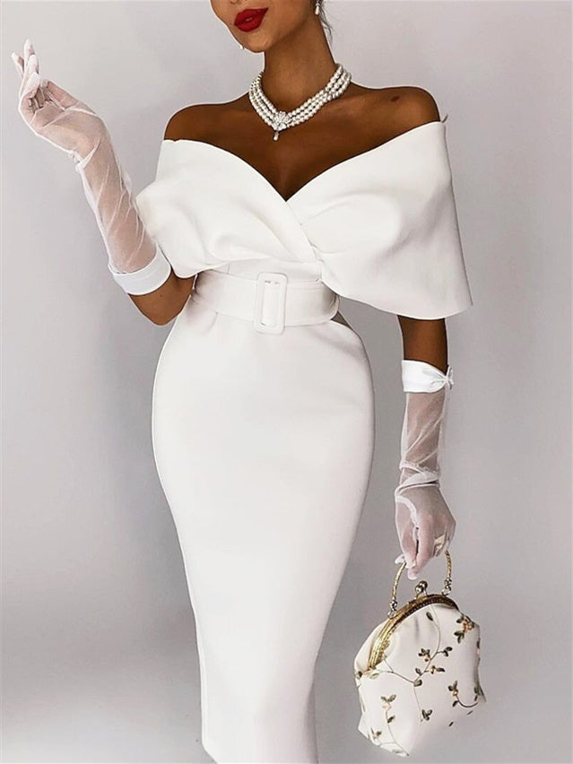 Off-the-Shoulder Cocktail Dresses in Sheath / Column Tea-Length