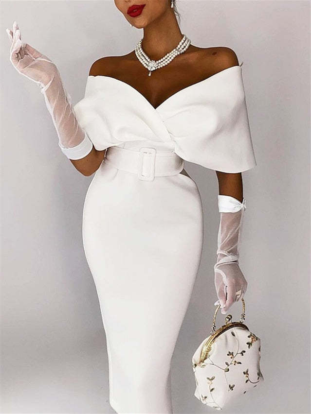 Off-the-Shoulder Cocktail Dresses in Sheath / Column Tea-Length