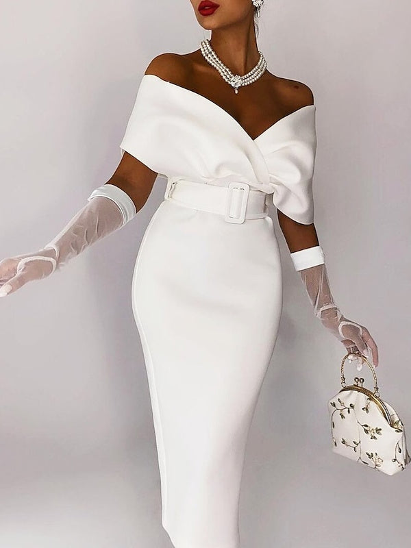 Off-the-Shoulder Cocktail Dresses in Sheath / Column Tea-Length