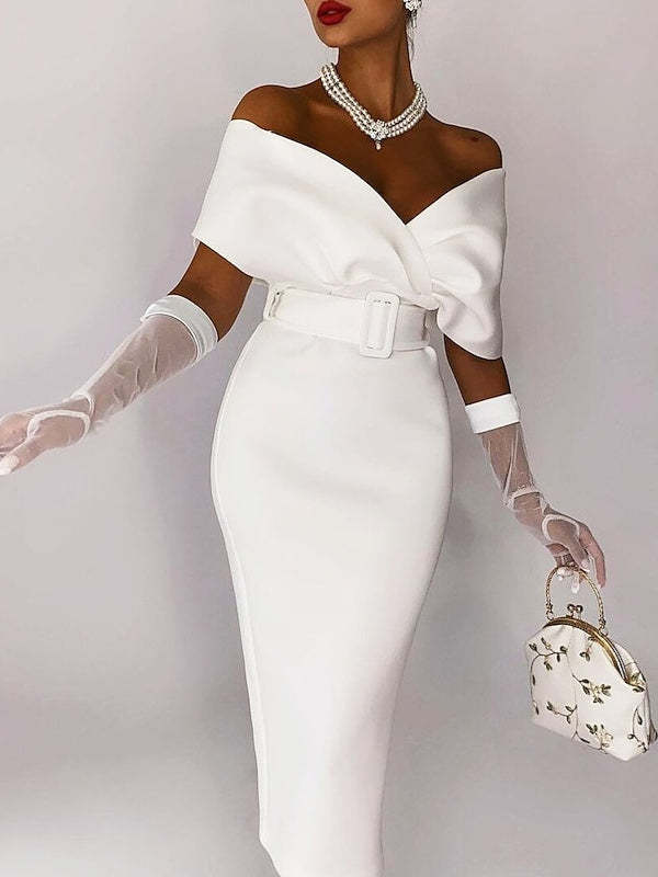 Off-the-Shoulder Cocktail Dresses in Sheath / Column Tea-Length