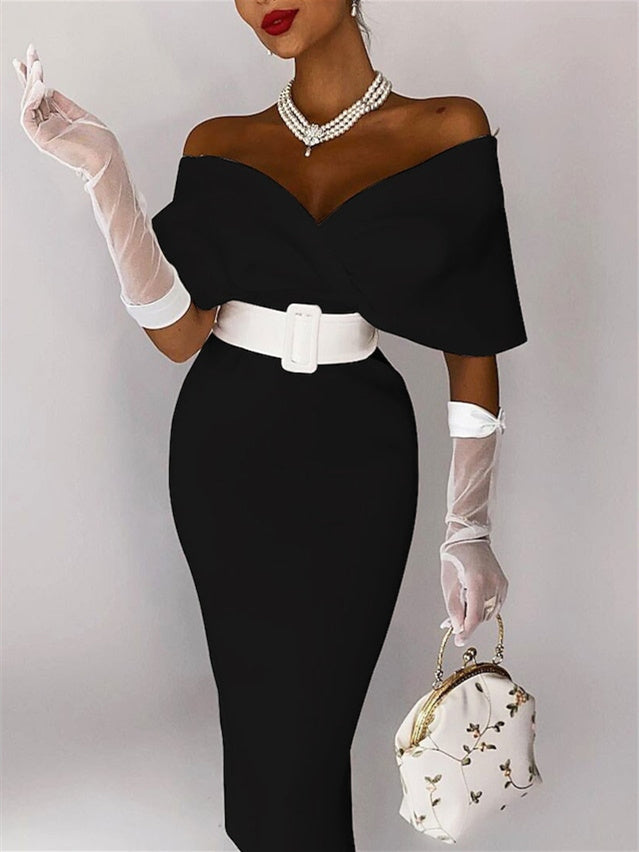 Off-the-Shoulder Cocktail Dresses in Sheath / Column Tea-Length