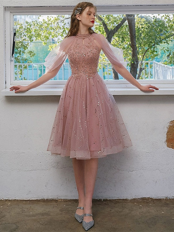 Knee-Length A-Line Princess Cocktail Dresses with Jewel Neckline and Sequin Appliques