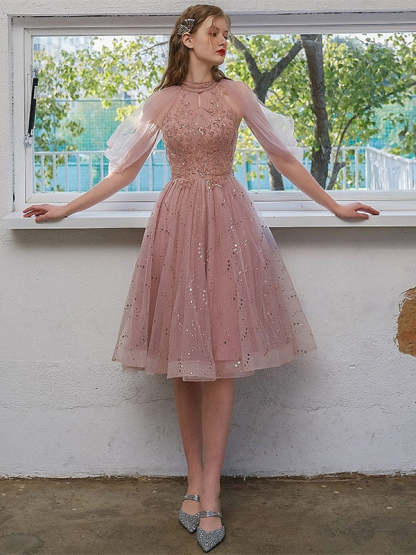 Knee-Length A-Line Princess Cocktail Dresses with Jewel Neckline and Sequin Appliques